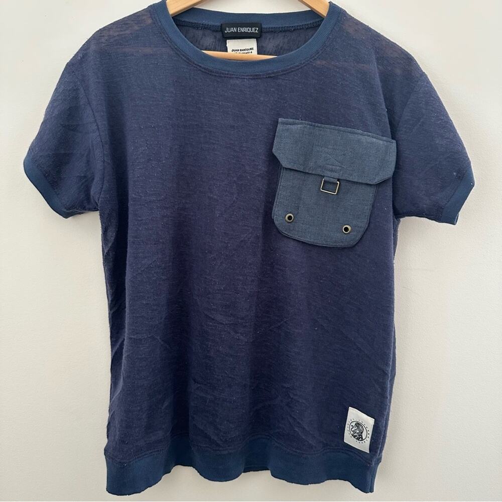 Juan Enriquez T-Shirt Men Size Medium Navy Cotton Crew Short Sleeve Pullover Tee